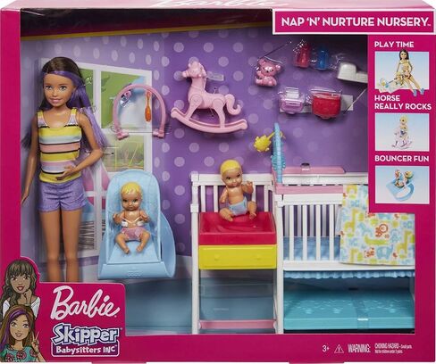 Barbie Skipper Babysitters Inc. Bedtime Playset with Babysitting Skipper Doll, Toddler Doll with Glow-in-the-Dark Pajamas, Bed, Sleeping Kitty, Teddy Bear, Blanket and Storybook for Kids 3-7 Years Old in Saudi Arabia