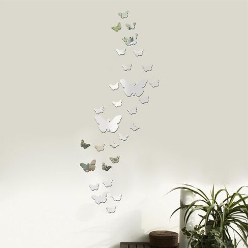 Wall Mirror Tiles, 35pcs Butterfly Shape Mirrors for Wall, Self Adhesive Wall Mirror Stickers, Acrylic Mirror Cute Room Wall Decor Y2k Aesthetic Living Room Bedroom Decor(Silver) in Kuwait