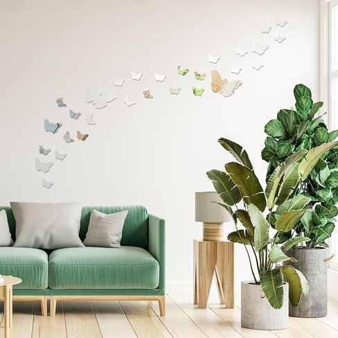 Wall Mirror Tiles, 35pcs Butterfly Shape Mirrors for Wall, Self Adhesive Wall Mirror Stickers, Acrylic Mirror Cute Room Wall Decor Y2k Aesthetic Living Room Bedroom Decor(Silver) in Kuwait