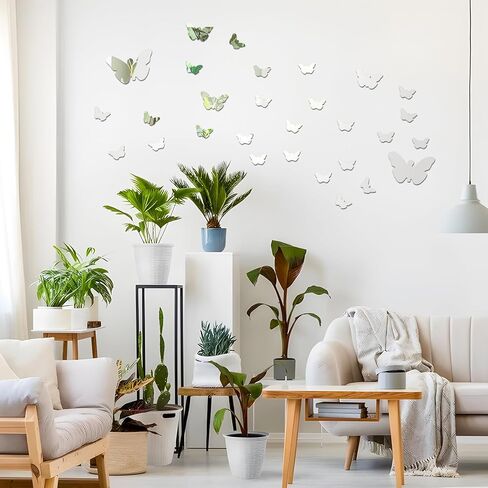Wall Mirror Tiles, 35pcs Butterfly Shape Mirrors for Wall, Self Adhesive Wall Mirror Stickers, Acrylic Mirror Cute Room Wall Decor Y2k Aesthetic Living Room Bedroom Decor(Silver) in Kuwait