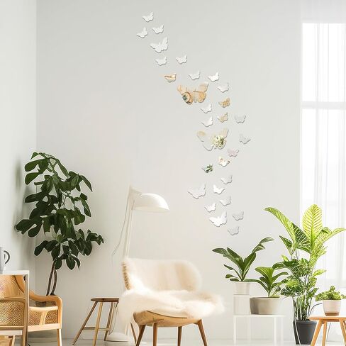 Wall Mirror Tiles, 35pcs Butterfly Shape Mirrors for Wall, Self Adhesive Wall Mirror Stickers, Acrylic Mirror Cute Room Wall Decor Y2k Aesthetic Living Room Bedroom Decor(Silver) in Kuwait