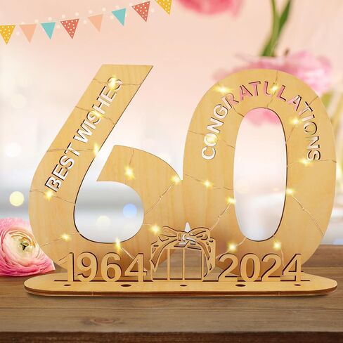 2024 Wooden Decorative LED Light Up Number Letters, Marquee Number Lights Stand for Birthday, Party, Wedding, Company Anniversary and Table Decoration - Battery Included (60) in Saudi Arabia