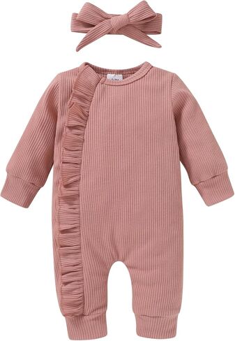 Happy Town Baby Girl Romper ملابس الخريف والشتاء للأطفال الرضع سترة مكشكشة بأكمام طويلة بذلة وعصابة رأس (أرجواني، 3-6 أشهر) in Kuwait