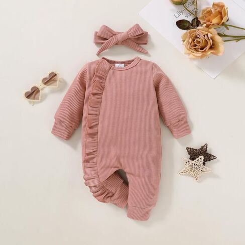 Happy Town Baby Girl Romper ملابس الخريف والشتاء للأطفال الرضع سترة مكشكشة بأكمام طويلة بذلة وعصابة رأس (أرجواني، 3-6 أشهر) in Kuwait