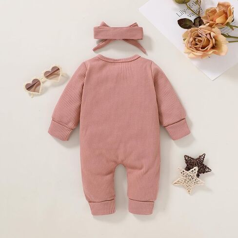 Happy Town Baby Girl Romper ملابس الخريف والشتاء للأطفال الرضع سترة مكشكشة بأكمام طويلة بذلة وعصابة رأس (أرجواني، 3-6 أشهر) in Kuwait