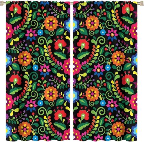 Abstract Flower Window Curtains,Bohemian Retro Mexican Folk Art Floral Print Pattern Curtains for Bedroom Living Room Kitchen Polyester Fabric Window Drapes 2 Panel Set 52" x 84" in Saudi Arabia