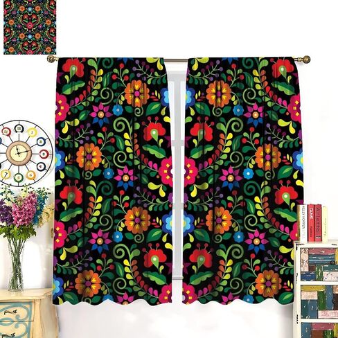 Abstract Flower Window Curtains,Bohemian Retro Mexican Folk Art Floral Print Pattern Curtains for Bedroom Living Room Kitchen Polyester Fabric Window Drapes 2 Panel Set 52" x 84" in Saudi Arabia