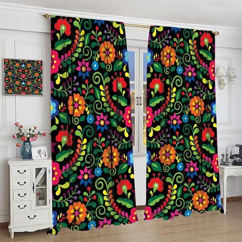 Abstract Flower Window Curtains,Bohemian Retro Mexican Folk Art Floral Print Pattern Curtains for Bedroom Living Room Kitchen Polyester Fabric Window Drapes 2 Panel Set 52" x 84" in Saudi Arabia