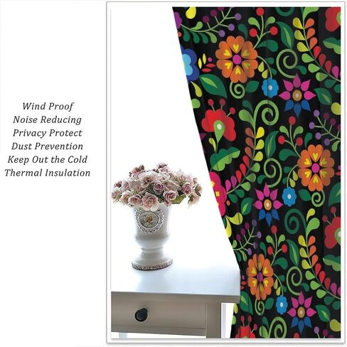 Abstract Flower Window Curtains,Bohemian Retro Mexican Folk Art Floral Print Pattern Curtains for Bedroom Living Room Kitchen Polyester Fabric Window Drapes 2 Panel Set 52" x 84" in Saudi Arabia