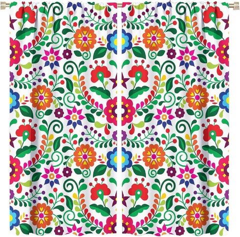 Abstract Flower Window Curtains,Bohemian Retro Mexican Folk Art Floral Print Pattern Curtains for Bedroom Living Room Kitchen Polyester Fabric Window Drapes 2 Panel Set 52" x 84" in Saudi Arabia