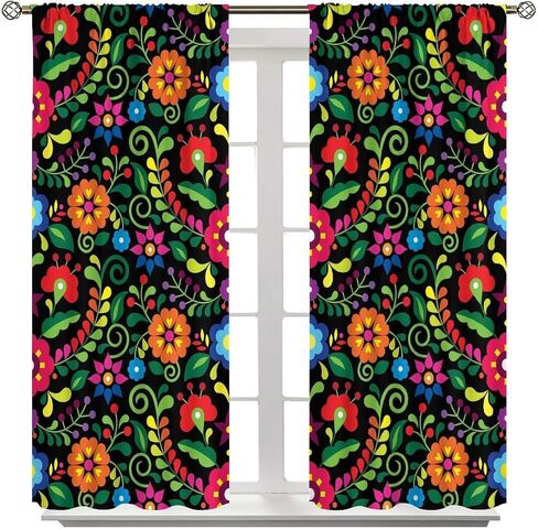 Abstract Flower Window Curtains,Bohemian Retro Mexican Folk Art Floral Print Pattern Curtains for Bedroom Living Room Kitchen Polyester Fabric Window Drapes 2 Panel Set 52" x 84" in Saudi Arabia