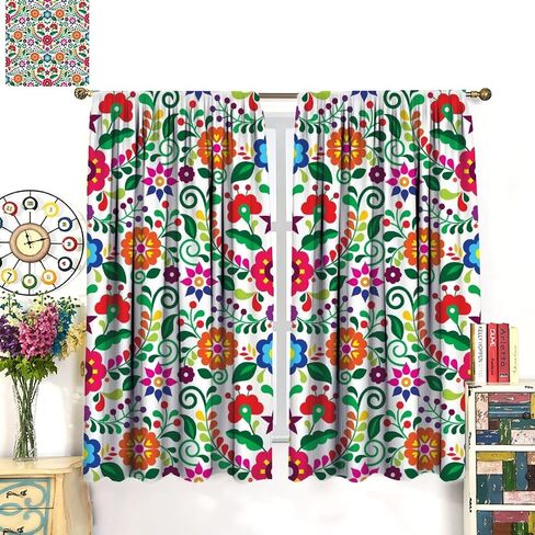 Abstract Flower Window Curtains,Bohemian Retro Mexican Folk Art Floral Print Pattern Curtains for Bedroom Living Room Kitchen Polyester Fabric Window Drapes 2 Panel Set 52" x 84" in Saudi Arabia