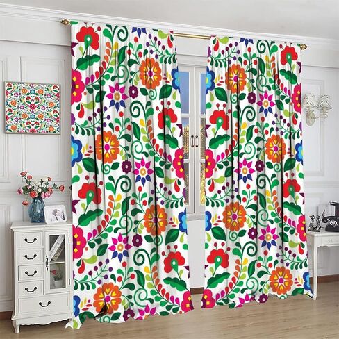 Abstract Flower Window Curtains,Bohemian Retro Mexican Folk Art Floral Print Pattern Curtains for Bedroom Living Room Kitchen Polyester Fabric Window Drapes 2 Panel Set 52" x 84" in Saudi Arabia