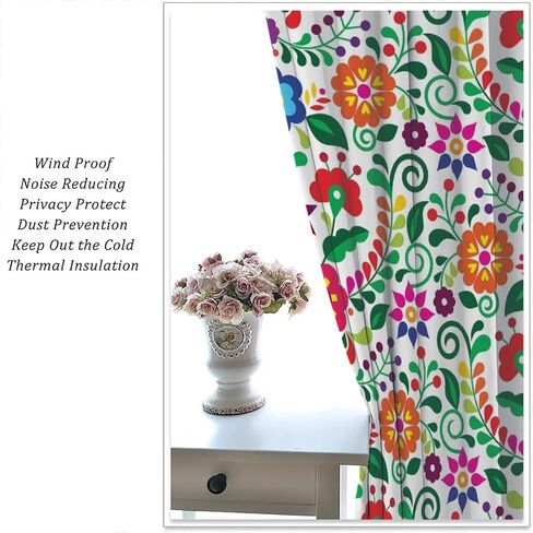 Abstract Flower Window Curtains,Bohemian Retro Mexican Folk Art Floral Print Pattern Curtains for Bedroom Living Room Kitchen Polyester Fabric Window Drapes 2 Panel Set 52" x 84" in Saudi Arabia
