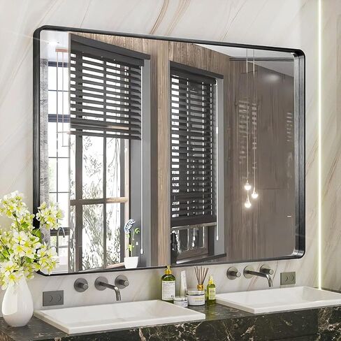 40x30 Inch Black Bathroom Mirror Vanity Mirror for Wall, Rounded Corner Rectangular Wall Mounted Large Mirror, Aluminum Alloy Frame, Modern Home Decor, Hangs Horizontal or Vertical in Saudi Arabia