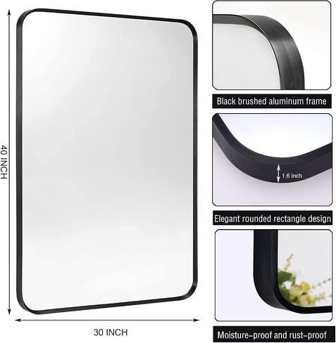 40x30 Inch Black Bathroom Mirror Vanity Mirror for Wall, Rounded Corner Rectangular Wall Mounted Large Mirror, Aluminum Alloy Frame, Modern Home Decor, Hangs Horizontal or Vertical in Saudi Arabia