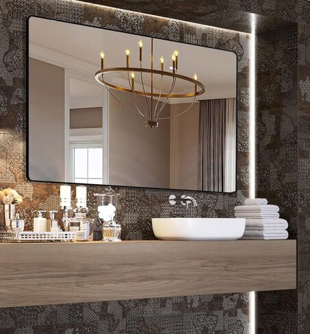 40x30 Inch Black Bathroom Mirror Vanity Mirror for Wall, Rounded Corner Rectangular Wall Mounted Large Mirror, Aluminum Alloy Frame, Modern Home Decor, Hangs Horizontal or Vertical in Saudi Arabia