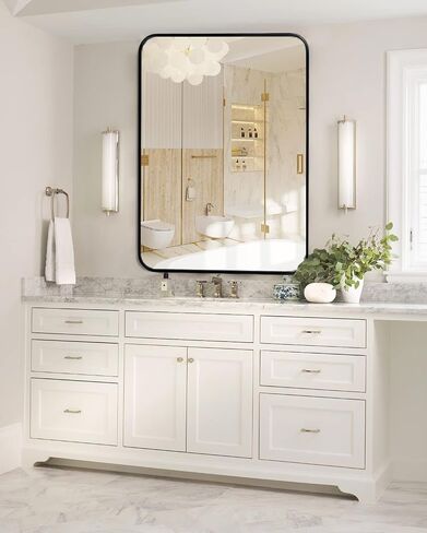 40x30 Inch Black Bathroom Mirror Vanity Mirror for Wall, Rounded Corner Rectangular Wall Mounted Large Mirror, Aluminum Alloy Frame, Modern Home Decor, Hangs Horizontal or Vertical in Saudi Arabia