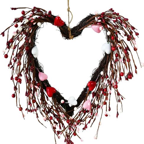 Valentine's Day Red Heart Wreath, Valentines Wreaths for Front Door, Pink White Heart Wreath with Lights Berry for Gifts Front Door Indoor Home Wedding Festival Decor in Saudi Arabia