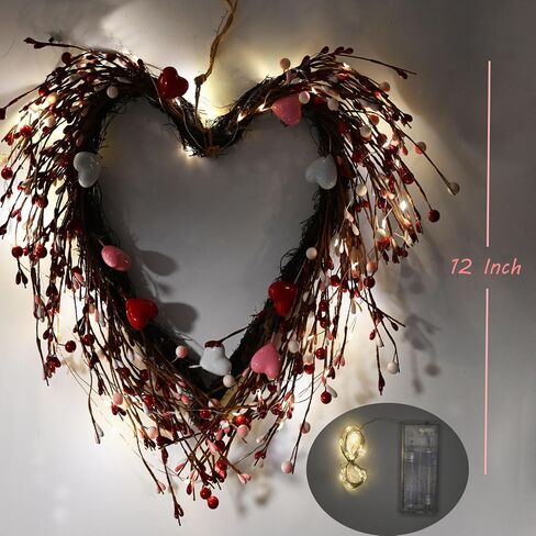 Valentine's Day Red Heart Wreath, Valentines Wreaths for Front Door, Pink White Heart Wreath with Lights Berry for Gifts Front Door Indoor Home Wedding Festival Decor in Saudi Arabia