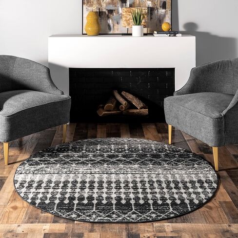 nuLOOM 6 Round Moroccan Blythe Area Rug, Black, Faded Bohemian Design, Stain Resistant, For Bedroom, Dining Room, Living Room, Hallway, Office, Kitchen, Entryway in Saudi Arabia
