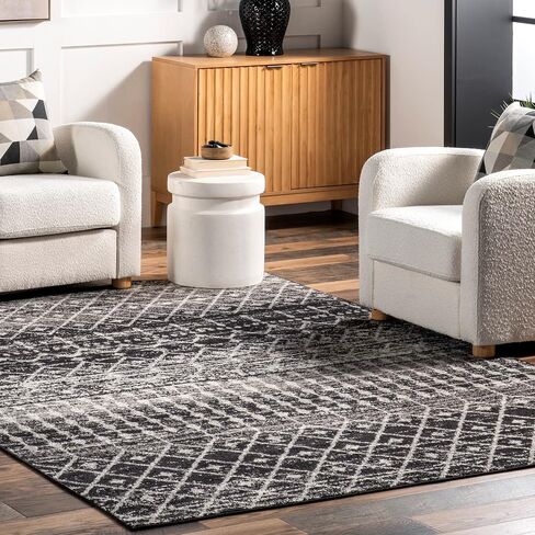 nuLOOM 6 Round Moroccan Blythe Area Rug, Black, Faded Bohemian Design, Stain Resistant, For Bedroom, Dining Room, Living Room, Hallway, Office, Kitchen, Entryway in Saudi Arabia