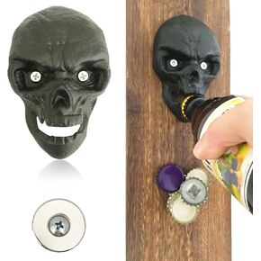 WODEGIFT Halloween Skull Bottle Opener, Wall Mounted Cast Iron With Magnetic Cap Catcher Bottle opener,Halloween Wall Mount Bottle Opener with Magnet (black)