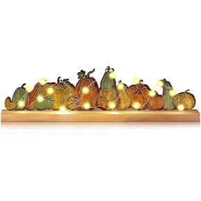 Fall Pumpkin Mantel Decor Autumn Pumpkin Table Centerpieces with Wooden Base and Light Rustic Pumpkin Table Decor Tabletop Sign Farmhouse Fall Tiered Tray Decor for Home Thanksgiving Party Decoration
