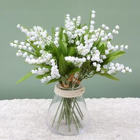 18 Pcs Artificial Lily of The Valley Faux White Bell Flowers Wind Chime Orchid Wedding Bouquet, Lily of The Valley Plant, May Flower for Home Garden Wedding Party