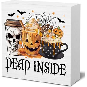Halloween Coffee Wooden Box Sign Home Decor, Farmhouse Dead Inside Fall Coffee Wood Block Sign for Kitchen Coffee Station Desk Shelf Decoration, 5.1 x 5.1 Inches