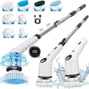Electric Spin Scrubberr, 2024 Upgrade Cordless Shower Scrubber with 8 Replaceable Brush Heads and 3 Adjustable Speeds, Display and Extension Handle,Electric Scrubber is Used for Bathroom Floor.