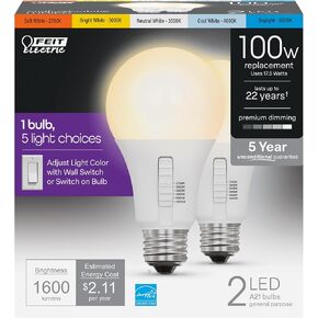 Feit Electric A21 LED Light Bulb, 100W Equivalent, Dimmable, E26 Medium Base, 1600 Lumens, Tunable White, Switch on Bulb, 22-Year Lifetime, OM100DM/6WYCA/2, 2 Pack