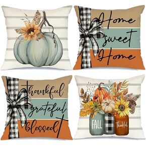 AACORS Fall Pillow Covers 18 x 18 Inch Set of 4, Pumpkin Home Sweet Home Thankful Grateful Blessed Harvest Floral Decorations Autumn Seasonal Pillow Case Decor for Sofa Couch AA275-18