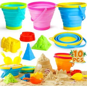 TOY Life Beach Toys for Kids 3-10 Collapsible Beach Bucket for Kids with Shovels Sand Toys for Toddlers Sandbox Toys for Toddlers Age 3-5 Travel Sand Castle Building Kit Toys Sand Bucket Sets