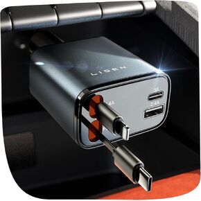 LISEN 4 in One Retractable iPhone Car Charger Cigarette Lighter Adapter [69W], Fast Charge USB C Car Charger Adapter with Retractable Cord Cable, Car Organization for iPhone 15 Pro Max Plus 14 13 12