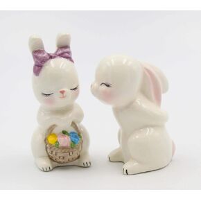 Fine Ceramic Kissing Bunny Rabbit Couple Salt & Pepper Shakers Set, 3-7/8" H