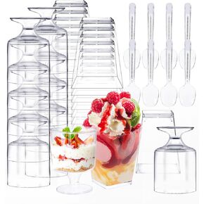 Whaline 100Pcs 5oz Dessert Cups with Spoons Clear Plastic Mini Dessert Square Goblet for Fruit Ice Cream Cake Party Events Supplies