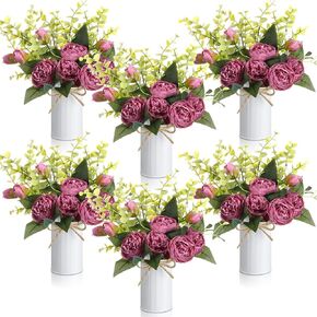 6 Sets Artificial Peonies Flowers, 6 Artificial Peony with Vase 6 Faux Eucalyptus, Faux Silk Peony Bouquet Spring Flowers for Decoration Wedding Party Home Dining (Pink)