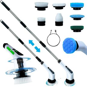 Chimera MKT Electric Spin Scrubber - Cordless Shower Scrubber with Long Handle 7 Replaceable Heads Spin Brush for Cleaning 2 Speeds Electric Cleaning Brush (White)