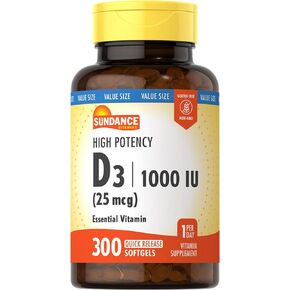 Sundance Vitamin D3 1000 IU | 300 Softgels | High Potency | Essential Vitamin Formula | Non-GMO and Gluten Free Supplement