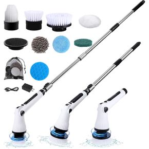 Electric Spin Scrubber with 8 Replaceable Brush Heads, 55 inch Extension Arm, 180 °Adjustable Bathroom Scrubber, 2 Speeds Electric Cleaning Brush for Bathtub, Kitchen, Floor, Tile