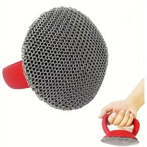 Cast Iron Scrubber, Iron Chainmail Scrubber Skillet Cleaner with Silicone Handle, Stainless Steel Chain Mail Scrubber for Cast Iron Skillets