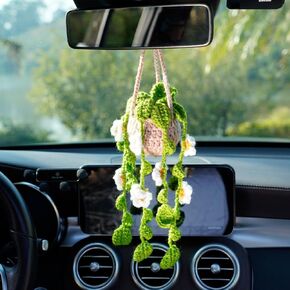Cute Crochet Plant Car Interior Hanging Ornament Boho Hanging Basket Accessories for Mirrior Decor,Suitable for Car Accessories, Decoration.