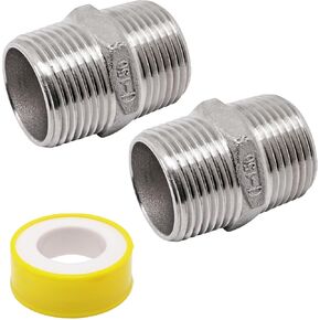 Sydien 1" x 1" NPT Coupler Male Threaded Hex Head Pipe Fitting 304 Stainless Steel Hex Nipple, 2 Pack