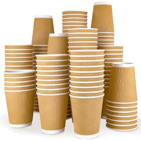 Ginkgo Hot Paper Cups 12 oz Insulated Disposable Corrugated Coffee Cups, Ripple Wall Paper Cups for Hot Beverage - 150 Pack