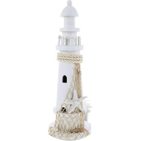 CoTa Global Puzzled White Lighthouse Decor - Handmade and Crafted Wooden Lighthouse Decoration with Starfish, Beach Style Tabletop Centerpiece Home Decor - 14 Inches