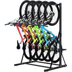 300lbs Max 5 Bikes Freestanding Bike Rack | 4 S-Shape Side Hooks for Cycling Helmet Hanging | Heavy Duty Bicycle Storage Rack Compatible with Many Bikes | Fine Iron Bike Racks for Indoor Garage Floor