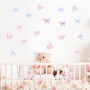 6 Sheets 36 Pcs Light Blue and Light Pink Butterfly Wall Stickers, sacinora DIY Watercolor Art Wall Decals Removable Vinyl Peel and Stick for Kids Baby Nursery Bedroom Playroom Home Decorations