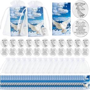 300 Pieces Memorial Angel Sign Coins Set Funeral Pocket Angel Coins Guardian Pocket Token Lucky Angel Charms Presents, Peace Dove Poem Cards Prayer Cards and White Organza Gift Bags