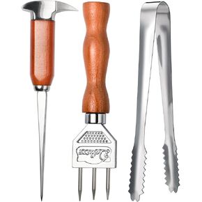 3 Pack Stainless Steel Ice Pick Set with Wood Handle, 8.6" & 7" Sizes, Japanese Style Ice Crusher with Tongs for Bars and Home